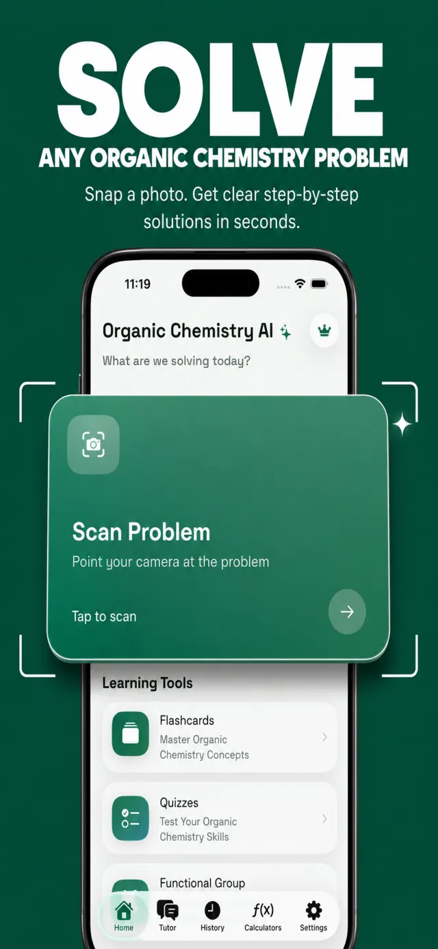 Organic Chemistry AI home screen: Scan Problem card for photographing organic chemistry homework