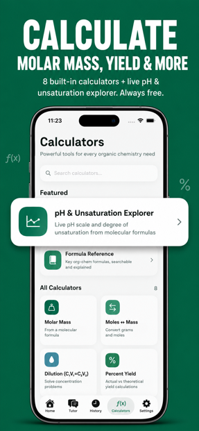 Organic chemistry calculators including molar mass and moles-mass