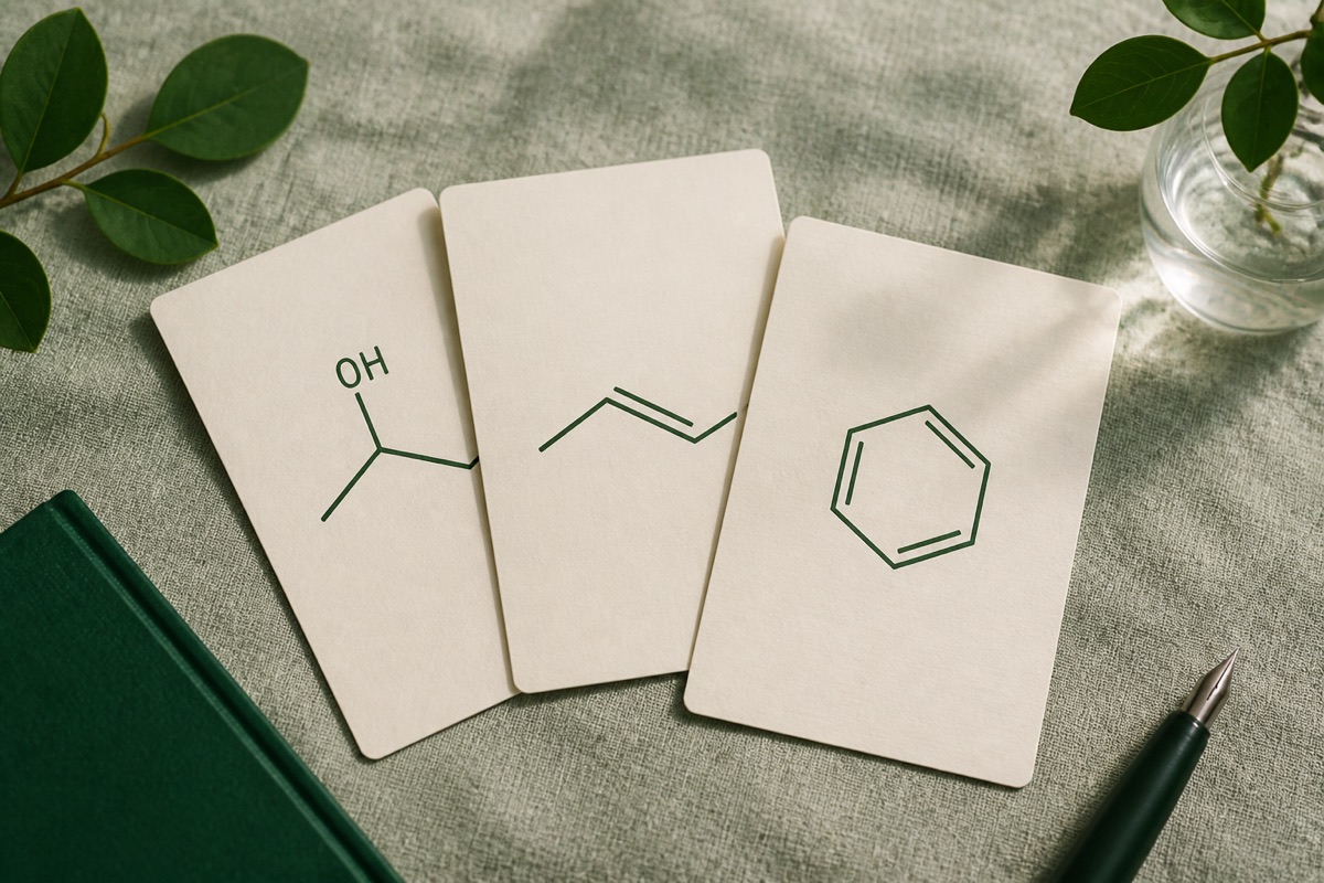 Study cards with functional-group line drawings on a sage desk