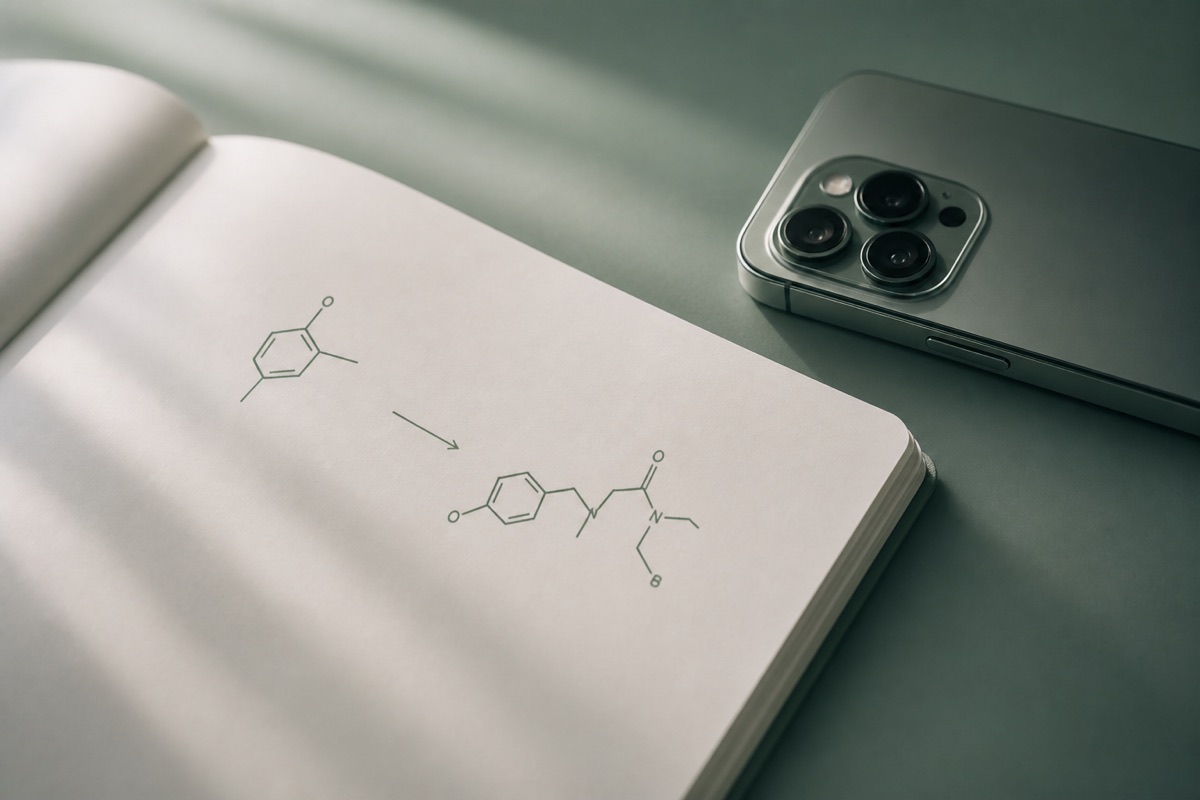 iPhone beside an organic chemistry notebook with skeletal structures