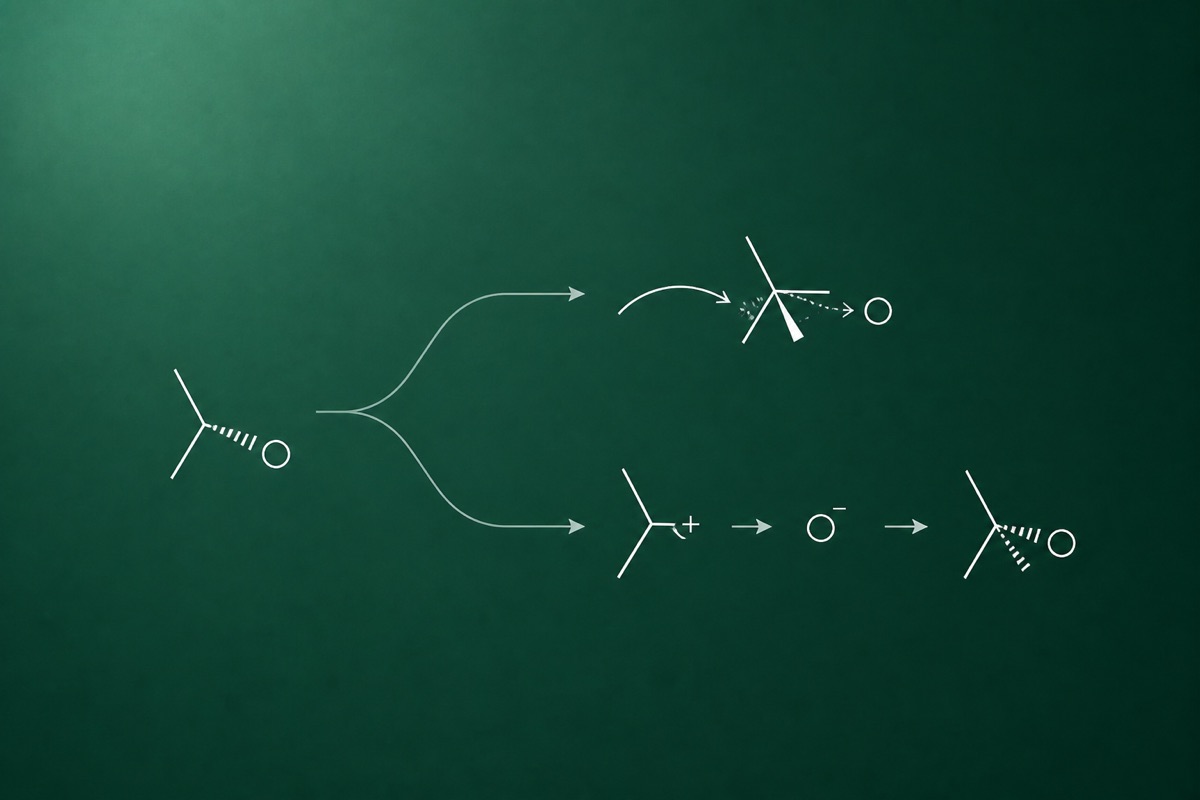 Line drawing of substitution and elimination reaction pathways