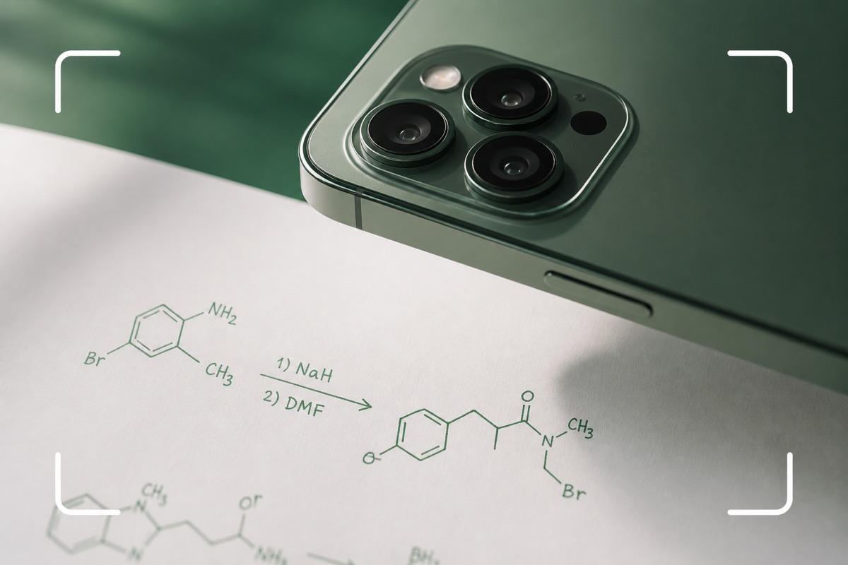 iPhone camera scanning a printed organic chemistry reaction scheme
