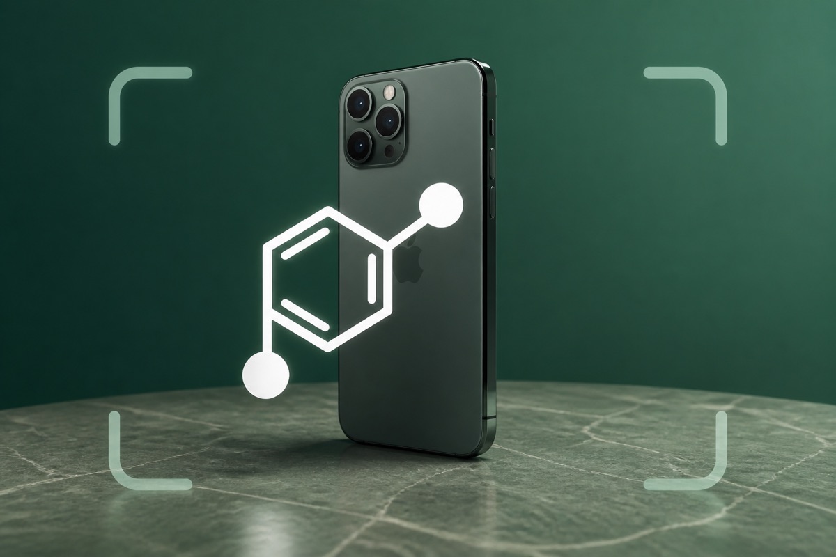 iPhone with a floating benzene ring, suggesting an organic chemistry solver